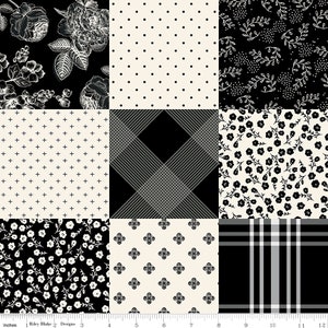 May include: A black and white fabric quilt block with nine different patterns. The patterns include floral, polka dot, plaid, and geometric designs.