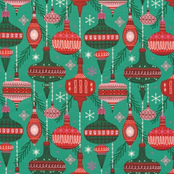 CHRISTMAS PAST - Baubles and Branches - Green - Cloud 9 - Organic Fabric; new 100% Organic cotton quilting fabric