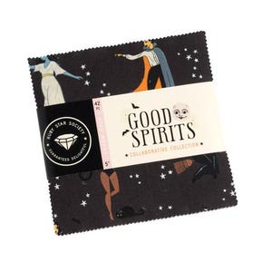 May include: A pack of 42 5-inch fabric squares featuring a black background with a variety of Halloween-themed illustrations, including ghosts, bats, witches, and stars. The text "Good Spirits Collaborative Collection" is printed on the label.
