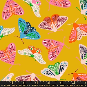 FLOWERLAND Fluttering Moths Goldenrod - Melody Miller - Ruby Star Society - 100% Cotton quilting fabric yardage - Moda Fabric