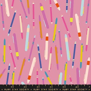 May include: A pink fabric with a scattered pattern of colorful pens. The pens are in shades of pink, blue, yellow, orange, and white. The text "RUBY STAR SOCIETY" is at the bottom.