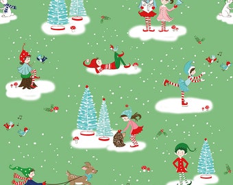 May include: A green fabric with a repeating pattern of elves, deer, birds, and trees. The elves are wearing red, blue, and green clothing. The deer is brown and has antlers. The birds are blue and have white bellies. The trees are green and have white snow on them.