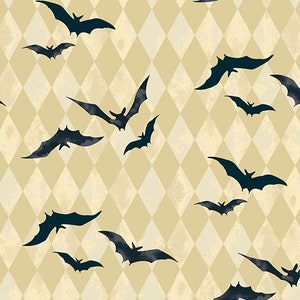 MIDNIGHT HAUNT - Harlequin Bats - Sand - Halloween - cotton quilting fabric - Andover Fabrics - 100% cotton Quilting Fabric