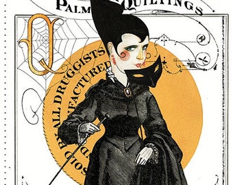 May include: A vintage illustration of a woman wearing a black dress and a tall black hat. She is holding a stick and has a mask over her eyes. The background is a yellow circle with a spiderweb design. The text "Sewing Potions & Quiltings" is at the top of the image. The text "Sold All Druggists Manufactured" is in a circle around the woman.