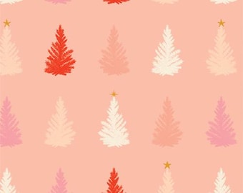 May include: A repeating pattern of stylized Christmas trees in shades of red, pink, and white on a peach background. Some trees have gold star toppers. The design is simple and festive, suitable for holiday-themed products.