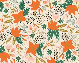 Pode incluir: Um padrão repetitivo com flores laranja estilizadas, folhas verdes e flores rosa sobre um fundo creme. O design inclui detalhes dourados e pequenos pontos dourados, criando um tema botânico festivo.