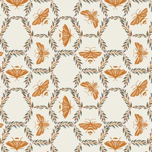 May include: A repeating pattern featuring stylized orange insects, including bees and moths, set against a cream-colored background. The insects are framed by hexagonal shapes of green leaves and small pink berries, creating a nature-inspired design.