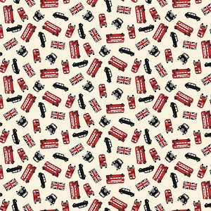LONDON REVIVAL Bus Scatter Cream - Makower UK - Jubilee Celebration - Queen Elizabeth - Cotton quilting Fabric yardage