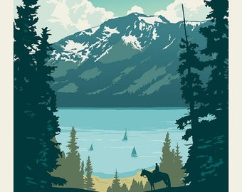 DESTINATIONS - Lake Tahoe - Poster Panel - 36" x 42" - cotton quilting fabric for Riley Blake Designs