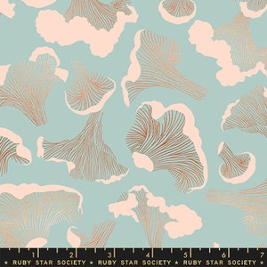 May include: A teal blue fabric with a repeating pattern of pink and copper colored mushrooms. The mushrooms have a delicate, intricate design.