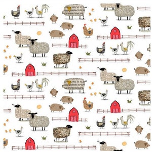 ON THE FARM - Farm Scene - Chickens - Sheep - Pigs - White - Terry Runyan - 100% cotton quilting fabric yardage