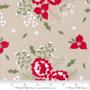 May include: Beige fabric with a repeating pattern of red and white flowers, green leaves, and white dots. The fabric has a subtle texture and a soft, vintage feel.
