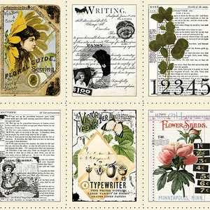 May include: A collage of vintage-style ephemera featuring botanical illustrations, butterflies, and text. The designs include a bicycle with a bird, a woman with flowers, and pages with text and numbers. The color palette is primarily cream, beige, and sepia.