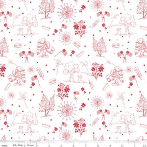 May include: White fabric with a red line drawing pattern featuring American flags, trees, fireworks, flowers, hot dogs, hamburgers, and pinwheels. The design is a repeating pattern, perfect for patriotic-themed projects.
