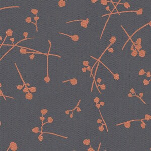 May include: A seamless pattern featuring a dark gray background with a subtle texture. The design is overlaid with a repeating pattern of copper-colored floral elements, including delicate stems and small, round clusters.