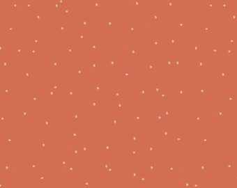 May include: A seamless pattern featuring a terracotta background scattered with small, irregular off-white dots. The dots are evenly spaced, creating a textured, speckled appearance. This design is suitable for various fabric and paper applications.