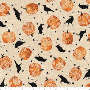 SPOOKY NIGHT - Tossed Pumpkins - Crows - Sand - Pumpkin - Halloween - Grace Popp - 100% cotton quilting fabric yardage - Studio E