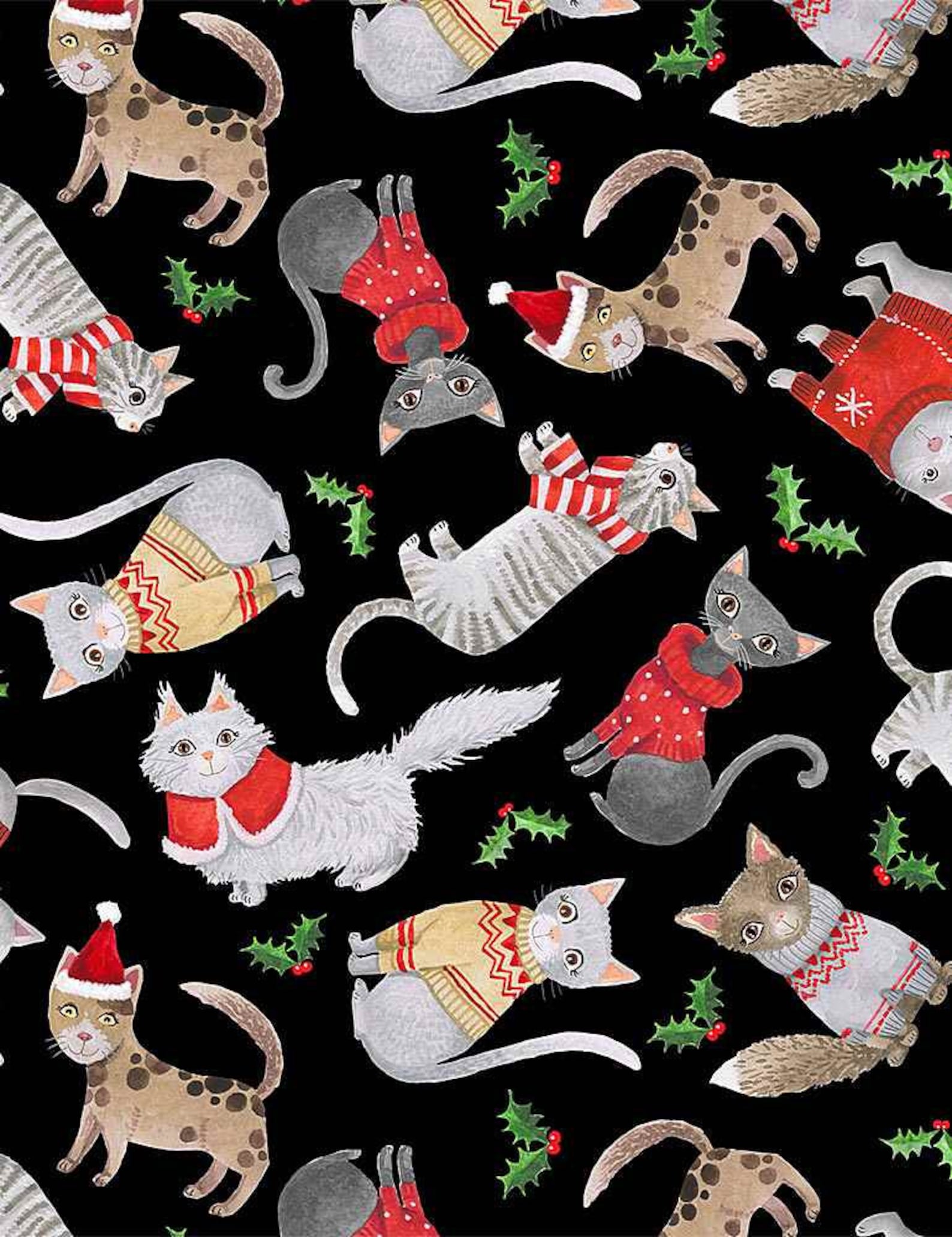 CATS in CHRISTMAS SWEATERS Black Multi Timeless Treasures Christmas 100