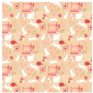 May include: A seamless pattern featuring white bunnies, pink sewing machines, red spools of thread, and pink and white flowers on a light orange background.