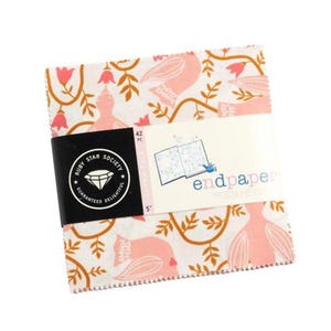 May include: A pack of 42 5-inch fabric squares featuring a pink and white floral pattern with birds. The fabric squares are from the "Endpaper" collection by Ruby Star Society.