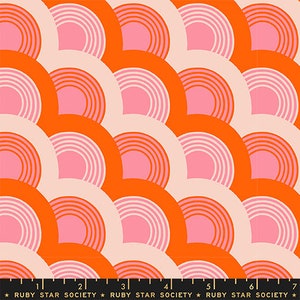 May include: A repeating pattern of orange and pink semi-circles with a white background. The semi-circles are arranged in a wave-like pattern.