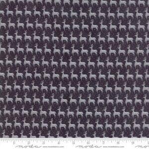 May include: A black fabric with a repeating pattern of white reindeer. The fabric has a subtle sparkle.