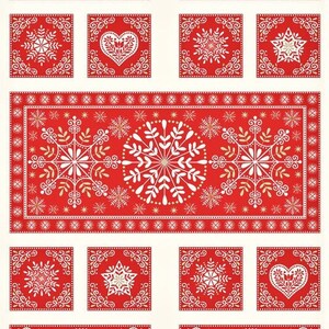 May include: A red and white Christmas-themed fabric panel with snowflake and heart designs. The panel features a large rectangular design with a central snowflake motif and smaller square designs with snowflakes and hearts.