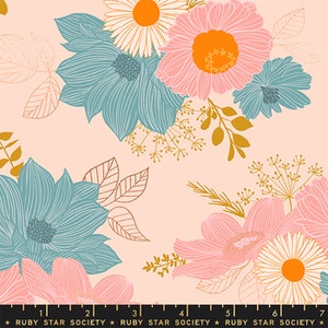 May include: A pink floral fabric with a repeating pattern of blue, pink, and yellow flowers. The flowers are outlined in gold and have a vintage style. The fabric is perfect for quilting, sewing, and crafting.