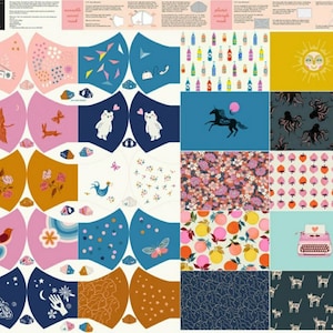 May include: A fabric panel with 16 different designs for making face masks. The designs include a variety of patterns and illustrations, such as a sun, a unicorn, a typewriter, and a cat. The panel is made of cotton fabric and is suitable for sewing.