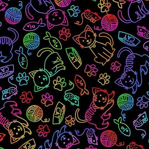 CAT & MOUSE MOTIFS - Rainbow Multi Outline Black - 100% cotton quilting fabric yardage