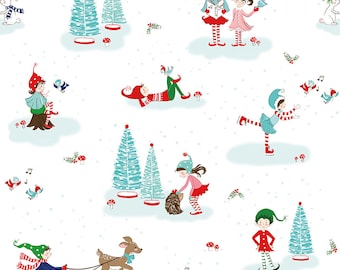 May include: A whimsical fabric design featuring elves, deer, and rabbits in a snowy landscape. The elves are dressed in red, green, and blue outfits, with musical notes and birds scattered throughout. The design includes Christmas trees and mushrooms on a white background.