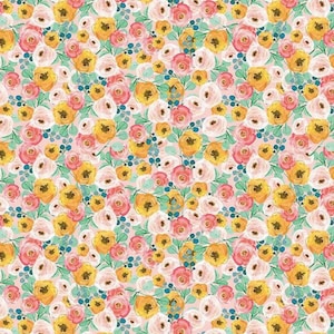 May include: A fabric pattern featuring a dense arrangement of watercolor-style flowers in shades of yellow, coral, and white, interspersed with small teal leaves and stems, all set against a solid light pink background.
