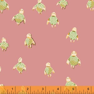 May include: A repeating pattern of cartoon sea turtles in shades of green, yellow, and white on a dusty rose background. The turtles have a whimsical design, with detailed shell patterns and outstretched flippers. The image includes a ruler at the bottom.