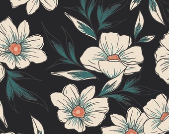 May include: A repeating pattern of large, stylized flowers with cream-colored petals and orange centers. The flowers are set against a dark background, with teal-colored leaves and stems. The design has a hand-drawn, botanical feel.