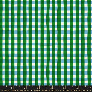 May include: A fabric with a green, blue, and off-white plaid pattern. The design features vertical stripes of green and blue, alternating with off-white squares. The text "RUBY STAR SOCIETY" is at the bottom.