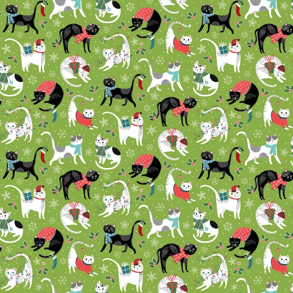 SANTA PAWS - Cat - Cats - Main - Green Multi - Deborah Edwards - Christmas - 100% cotton quilting fabric yardage - Northcott Fabrics