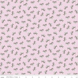May include: A pink fabric with a repeating pattern of gray kittens. The kittens are facing different directions and have white markings.