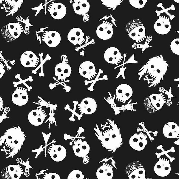 Skulls - SHOT THROUGH The HEART - Black Skulls - Dear Stella - 100% cotton quilting fabric yardage