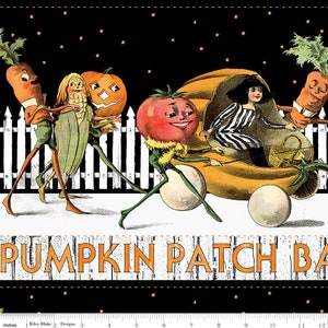 May include: A black and white fabric with a repeating pattern of a pumpkin patch scene. The scene features a pumpkin carriage with a girl in a striped dress, a tomato, a corn, a carrot, and a pumpkin. The text "PUMPKIN PATCH BA" is printed in orange on a white background.