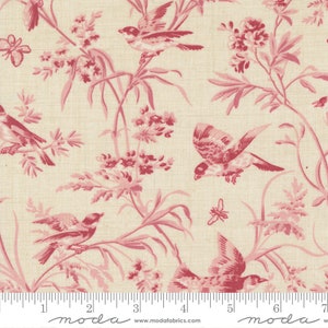 May include: Cream-colored fabric with a repeating pattern of red birds, flowers, and foliage. The design includes detailed illustrations of birds perched on branches and flying among floral elements. The fabric has a vintage, toile-like aesthetic.