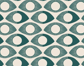 May include: A repeating pattern of stylized eyes in teal and cream. Each eye has a white circular pupil and is surrounded by teal lines. The background is a cream color, creating a high-contrast design.