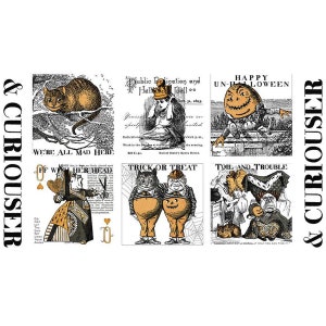May include: A vintage Halloween themed collage featuring illustrations of a cat, a queen of hearts, a pumpkin, and a man with a pumpkin head. The text "We're all mad here", "Trick or Treat", "Toil and Trouble", and "Happy Un-Halloween" is included in the collage.