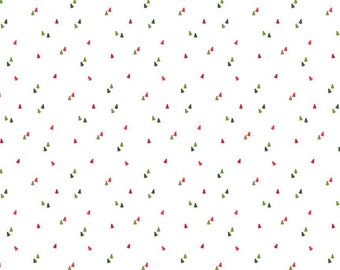 May include: White fabric with a repeating pattern of small green and red Christmas trees. The fabric is marked with inches from 1 to 12.