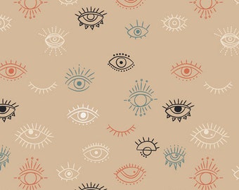 May include: A seamless pattern featuring various stylized eye designs in black, white, blue, red, and orange on a beige background. The eyes are drawn in a variety of styles, including simple outlines, detailed illustrations, and geometric shapes.
