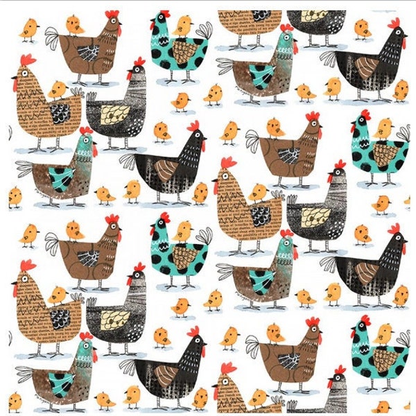 ON THE FARM - Chickens - Funky Chickens - White - Terry Runyan - 100% cotton quilting fabric yardage