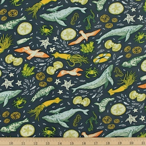 WILD COAST - Marine - Deep Blue - POPLIN cotton - Mustard Beetle - 100% organic Cotton Poplin fabric yardage - Birch Fabrics