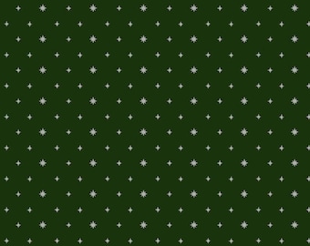 May include: Dark green fabric featuring a repeating pattern of small, silver stars. The stars are evenly spaced. A ruler at the bottom shows inches. The fabric is suitable for various craft projects.