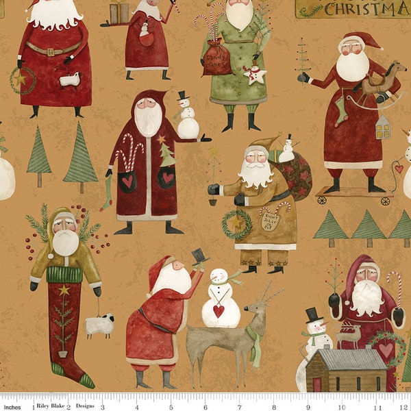 KRINGLE Main Santa Gold Teresa Kogut - 100% cotton quilting fabric yardage - Riley Blake Designs - Christmas - Holiday