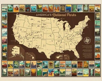 NATIONAL PARKS - USA Parks Map - Poster Panel - 36" x 42" - cotton quilting fabric for Riley Blake Designs