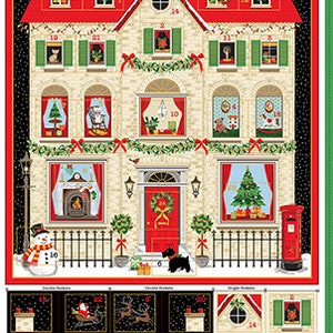 HOUSE - House Advent Calendar Panel - Multi - Makower UK - Andover Fabrics - 100 % Cotton quilting fabric Panel